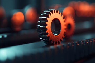 Orange gear wheel with black teeth on dark surface. Industrial mechanism macro. Professional engineering close up