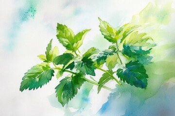 Wall Mural - Watercolor Herbal Bliss: Melissa and Lemon Balm Leaves in Fresh Greenery