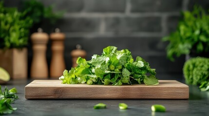 A close-up of fresh green salad leaves neatly arranged on a wooden cutting board against a blurred kitchen background with two wooden pepper mills.