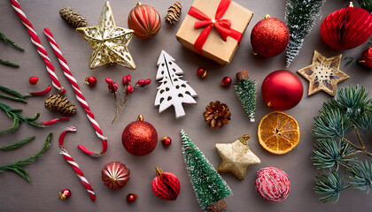 Fototapete - Flat lay of Christmas decorations with festive items for a happy new year display setup_1(312)