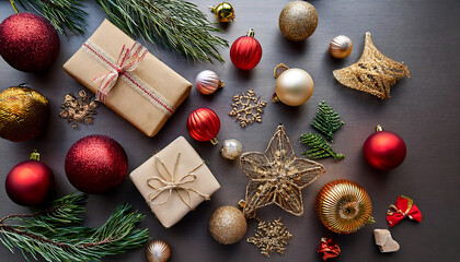 Aufkleber - Flat lay of Christmas decorations with festive items for a happy new year display setup out_1(310)