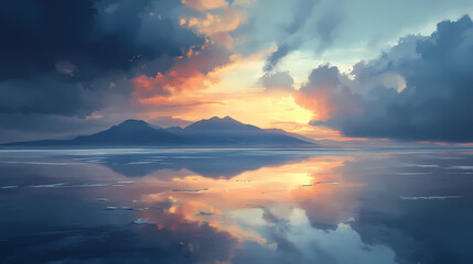 Explore the enchanting sights of a shadowy salt flat under a moody sky, evoking a sense of peace and contemplation. Salt Flats. Illustration