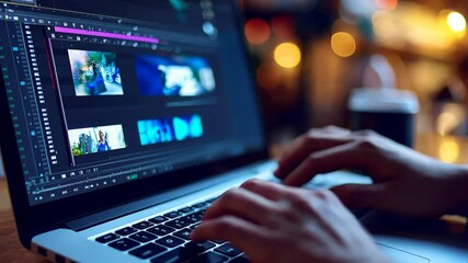 A person edits video footage on a laptop at night