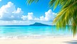 © designhunt - Sandy tropical beach with island in the background. Blurred background of a beautiful white sandy beach with palm trees and blue ocean water. Summer vacation concept banner with copy space.