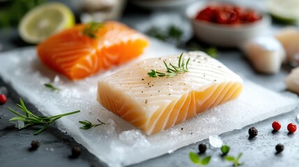 Two pieces of raw salmon and white fish fillets rest on icy surface, sprinkled with fresh herbs, embodying purity and simplicity in gourmet culinary art.