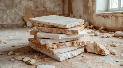 A set of rough marble slabs is stacked neatly in an abandoned industrial site, contrasting the elegance of marble with the decay of its surroundings.