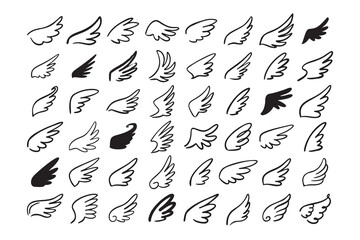 Doodle outline sketch angel wings. Angel feather wing, silhouette. Linear fly winged angels, flying heaven hand drawn doodle vector icons