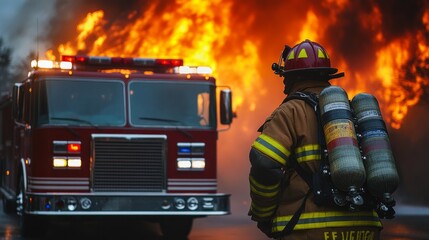 A firefighter stands in front of a red fire truck, which is on fire