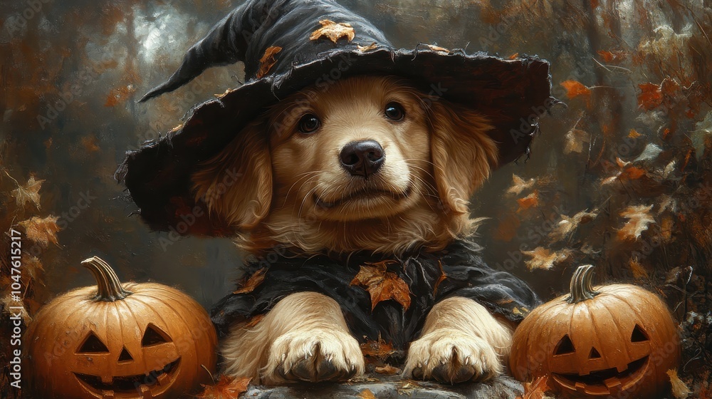 Golden Retriever Dog Wearing a Witch Hat with Halloween Pumpkins in the ...