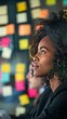 © LukaszDesign - Team collaboration and project planning featuring stick notes, training, and strategy discussions. Coaching session with a woman addressing employees about ideas and company objectives