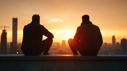 Silhouetted against a captivating sunset, two individuals sit atop a building edge, gazing out over the cityscape, embodying friendship, contemplation, and serenity.