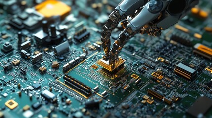 Robotic arm assembling microchip on a circuit board, close-up view in a technology factory setting.