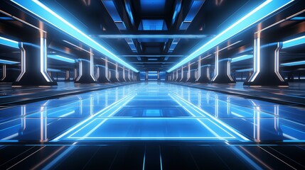 Wall Mural - Futuristic white tunnel with neon glow, ideal for tech displays, stage presentations, or abstract backgrounds.