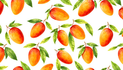 Wall Mural - Seamless pattern with watercolor mango fruits isolated with white highlights, png