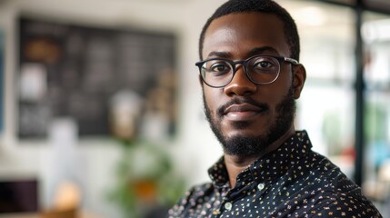 Wall Mural - Portrait of a joyful professional in an office setting, showcasing a creative worker and entrepreneur in a startup environment with a blurred background