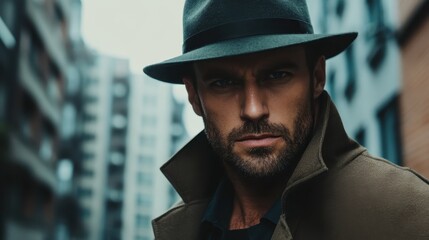 A mysterious man wearing a dark hat and coat stands confidently in an urban environment, conveying themes of mystery, intrigue, and classic style amidst city life.