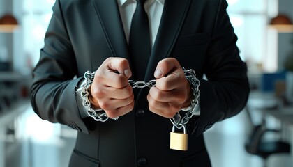 Close-up Hands of businessman in manacle in office. A Man Escapes Slavery and Chaines. Freedom, Liberation Concept