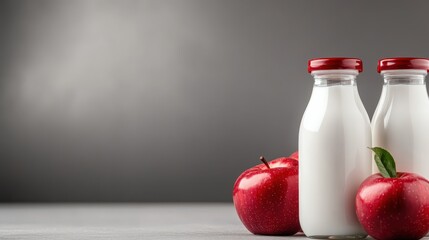 Two glass bottles filled with fresh milk stand beside two vibrant red apples on a textured gray surface, creating a classic and refreshing still life composition.