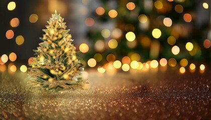 Wall Mural - defocused scene with festive blurred christmas tree with golden bokeh lights decoration for holiday 
