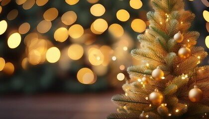 Wall Mural - defocused scene with festive blurred christmas tree with golden bokeh lights decoration for holiday 