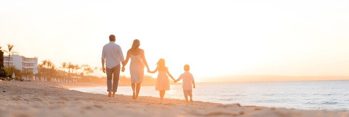 Family in white outfits walking beach at sunset. Tropical vacation portrait. Paradise coast photography