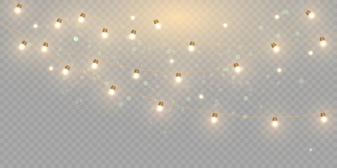 Christmas lights isolated on transparent background. Set of golden Christmas glowing garlands with sparks. For congratulations, invitations and advertising design. Vector