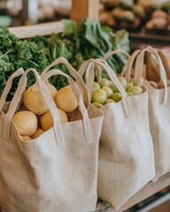 A set of cloth bags holding fresh produce, sustainable and zero-waste lifestyle, indoor setting, green shopping concept