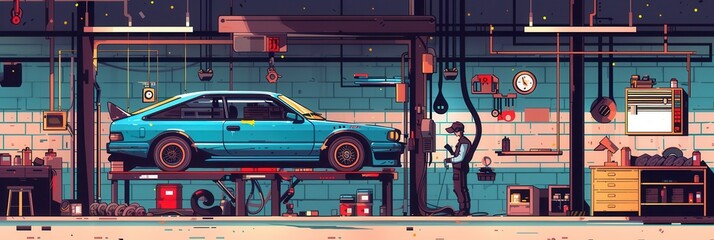 Poster - A mechanic is focused on repairs beneath a blue car elevated on a hoist, surrounded by various tools and a clean garage setting. Generative AI