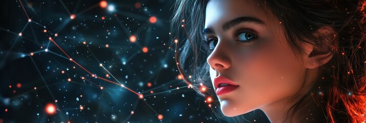 Aufkleber - This stunning young woman gazes thoughtfully, framed by a dynamic 3D network of interconnected data points and flowing light. Generative AI