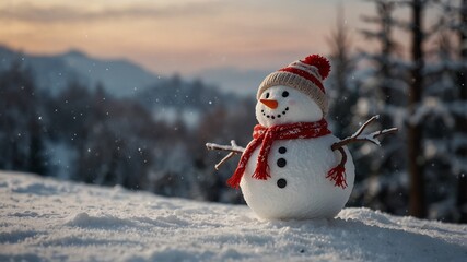 Merry christmas and happy new year greeting card with copy-space.Happy snowman standing in christmas landscape.Snow background.Winter fairytale