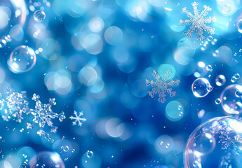 Wall Mural - blue background with snowflakes and bubbles. the snowflakes are scattered throughout the image, with