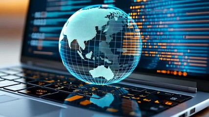 A digital globe hovers above a laptop keyboard, representing the global reach of technology