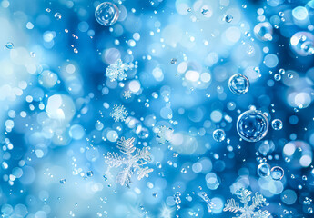 Wall Mural - blue background with snowflakes and bubbles. the snowflakes are scattered throughout the image, with