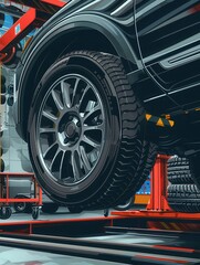 Poster - A professional technician is replacing tires on a car in an auto repair shop to ensure safety and performance. Generative AI