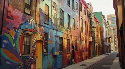 Wall Mural - A narrow alleyway with colorful murals on the brick walls.