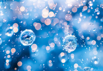 Wall Mural - blue background with snowflakes and bubbles. the snowflakes are scattered throughout the image, with