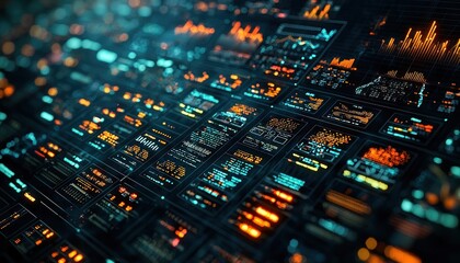 Fototapete - Futuristic Interface with Glowing Digital Displays and Data Visualizations