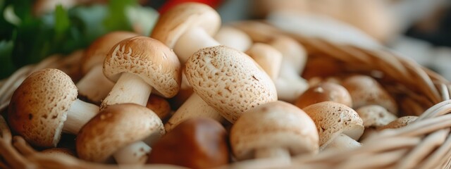 Wall Mural - banner Freshly harvested mushrooms arranged in a woven basket with earthy colors, highlighting natural textures and details in a studio setting