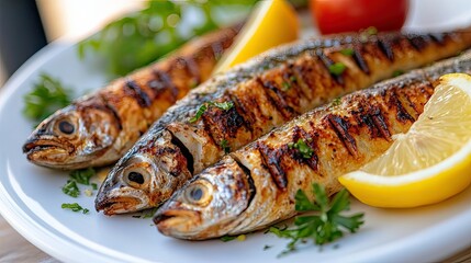 Canvas Print - Grilled sardines on a white plate garnished with fresh parsley and lemon slices, perfect for a healthy and flavorful meal