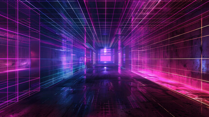 Wall Mural - dark digital room background, empty futuristic space with neon wireframe lines, perspective view. co