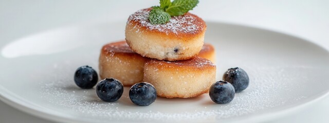 Wall Mural - Stacked cottage Cheese pancakes topped with blueberries and condensed milk on a white plate with mint, cheesecakes