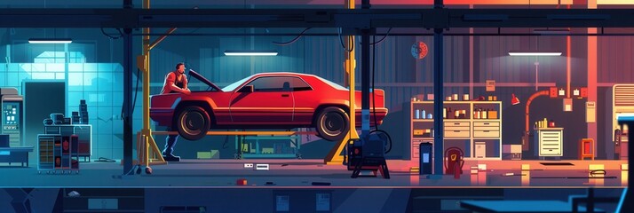 Poster - A skilled mechanic inspects the underside of a car lifted high on a hoist inside a brightly illuminated garage workshop at dusk. Generative AI