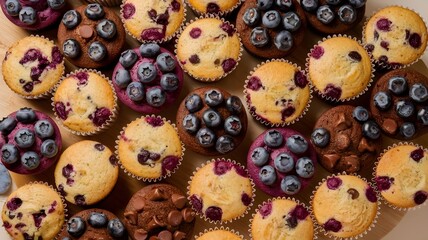 Wall Mural - Variety of muffins arranged on wooden board with soft beige background