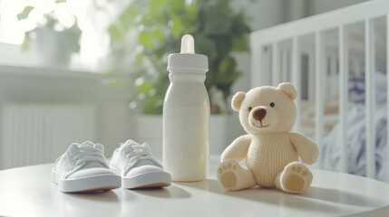 maternity leave concept: baby toys on white table in indoor setting