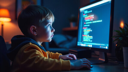 Young child programmer writing code on computer at night