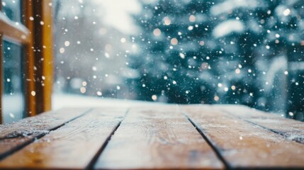 Poster - Snowflakes drift down softly, coating a rustic wooden table. In the background, a serene winter landscape creates a tranquil atmosphere, enhancing the cozy feeling of the scene.