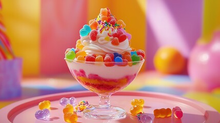 A colorful dessert sundae topped with whipped cream, sprinkles, and gummy candy, served in a glass dish against a vibrant background.