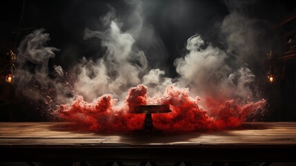 Wall Mural - Rustic wooden table with rising smoke, perfect for creating dramatic and mysterious backgrounds in product photography.