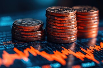 Aufkleber - Stacks of Bitcoin Coins with a Red Cryptocurrency Chart in the Background