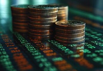 Aufkleber - Stacks of Coins on a Digital Stock Exchange Display